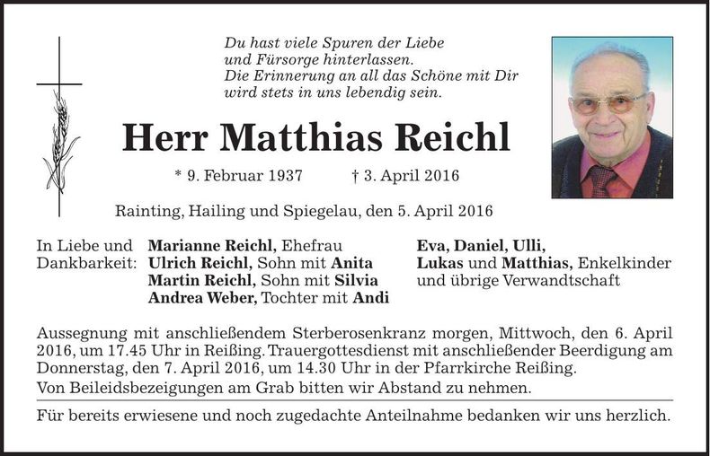 Traueranzeige Matthias Reichl