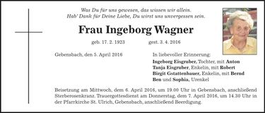 Traueranzeige Ingeborg Wagner