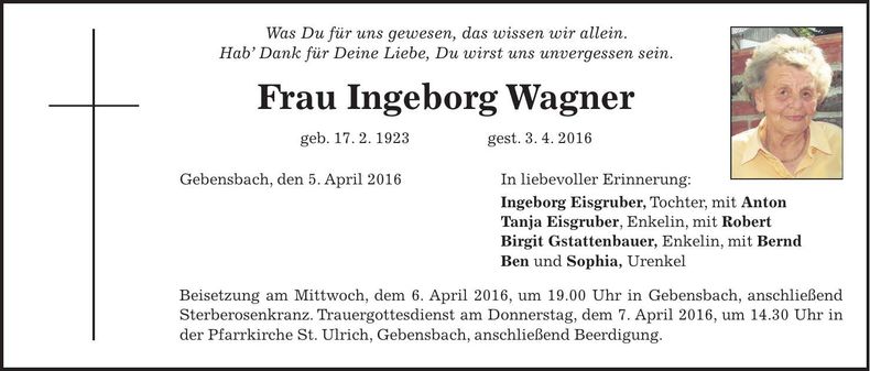 Traueranzeige Ingeborg Wagner