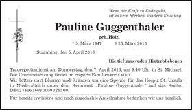 Traueranzeige Pauline Guggenthaler