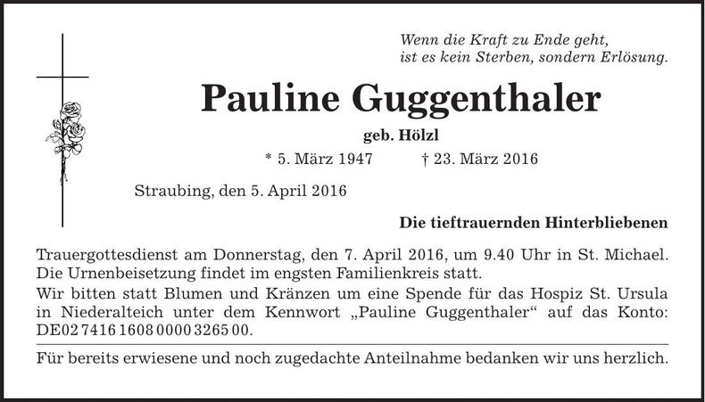 Traueranzeige Pauline Guggenthaler