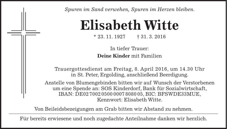 Traueranzeige Elisabeth Witte