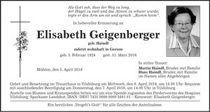 Traueranzeige Elisabeth Geigenberger