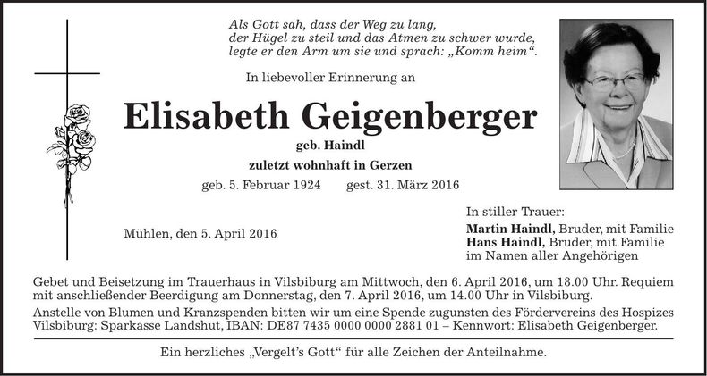 Traueranzeige Elisabeth Geigenberger