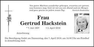 Traueranzeige Gertrud Hecht