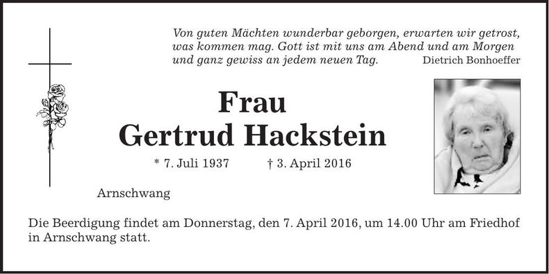 Traueranzeige Gertrud Hecht