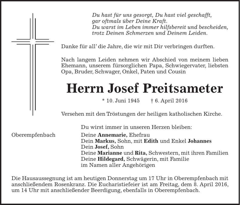 Traueranzeige Josef Preitsameter