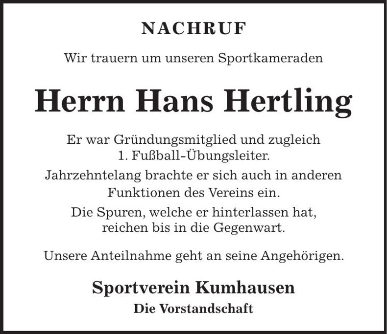 Traueranzeige Hans Hertling