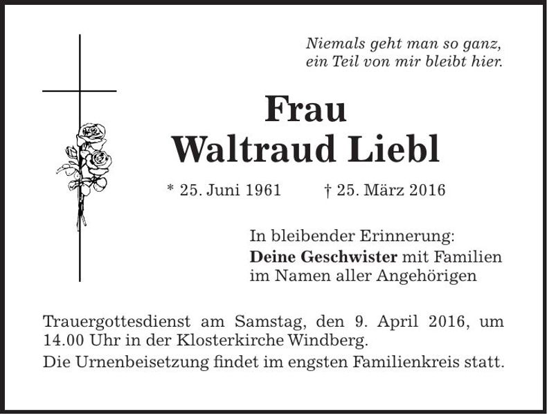 Traueranzeige Waltraud Liebl
