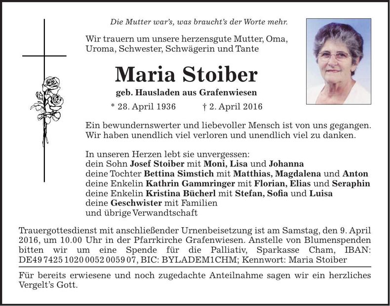 Traueranzeige Maria Stoiber