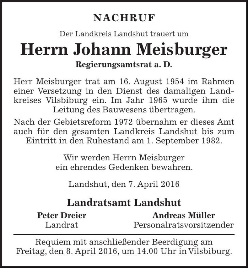 Traueranzeige Johann Meisburger