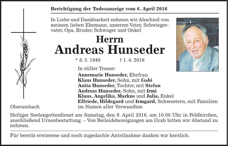 Traueranzeige Andreas Hunseder