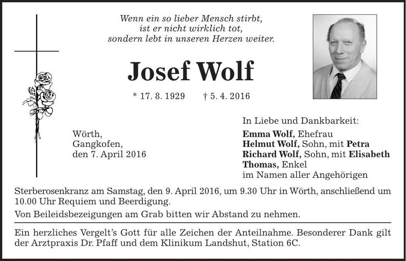 Traueranzeige Josef Wolf