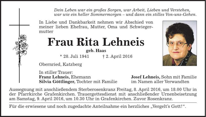 Traueranzeige Rita Lehneis