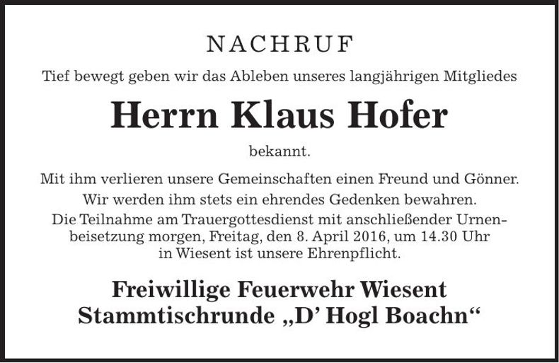 Traueranzeige Klaus Hofer
