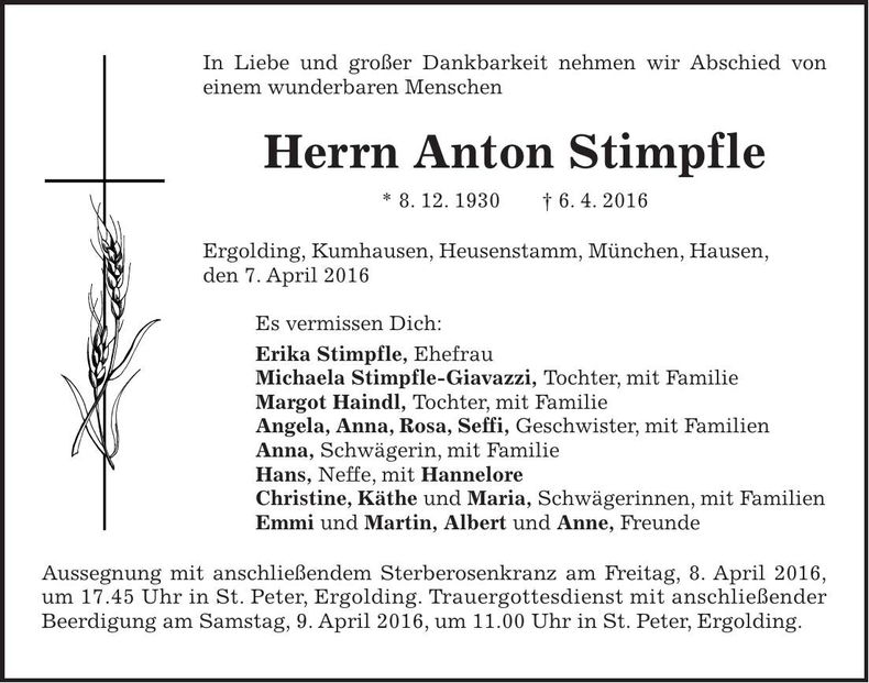 Traueranzeige Anton Stimpfle