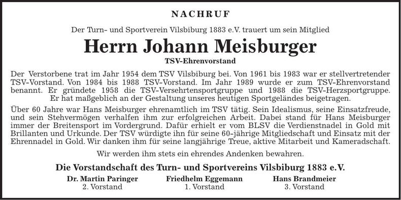 Traueranzeige Johann Meisburger