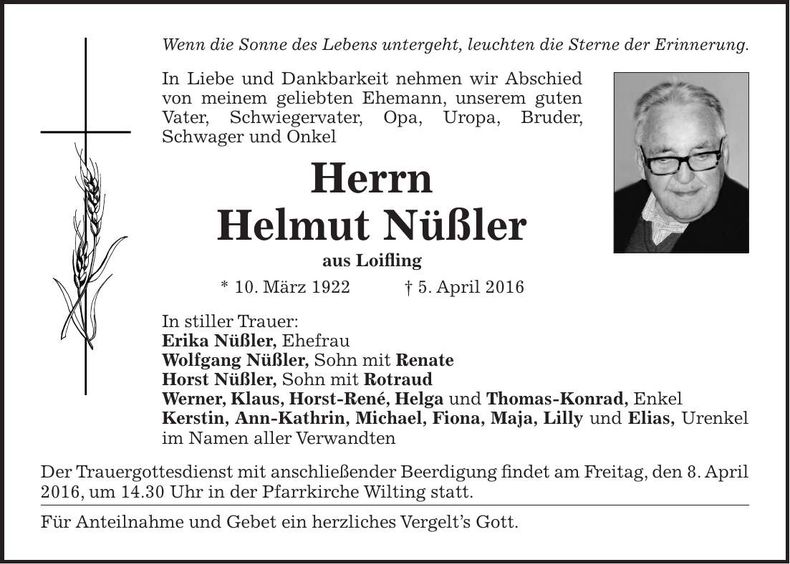 Traueranzeige Helmut Nüßler