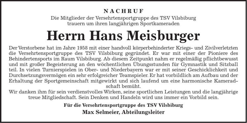Traueranzeige Hans Meisburger