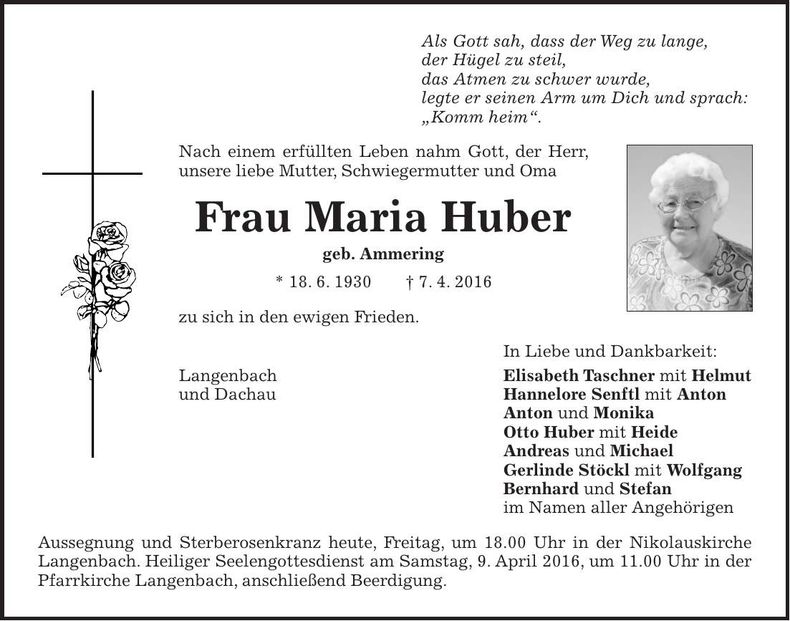 Traueranzeige Maria Huber