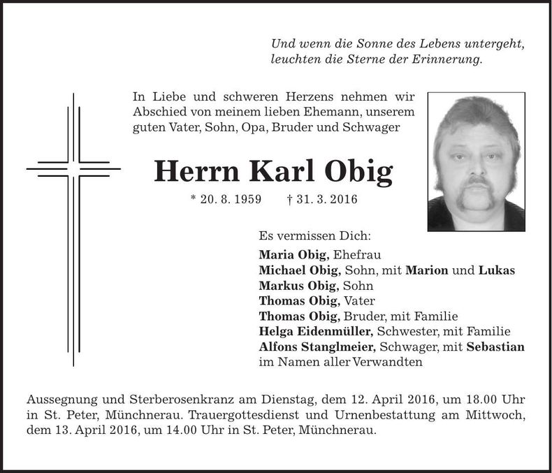 Traueranzeige Karl Obig
