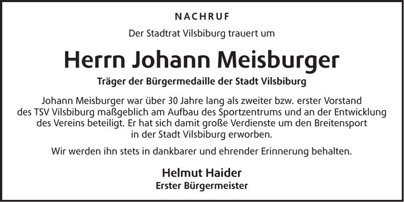 Traueranzeige Johann Meisburger
