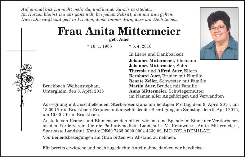 Traueranzeige Anita Mittermeier