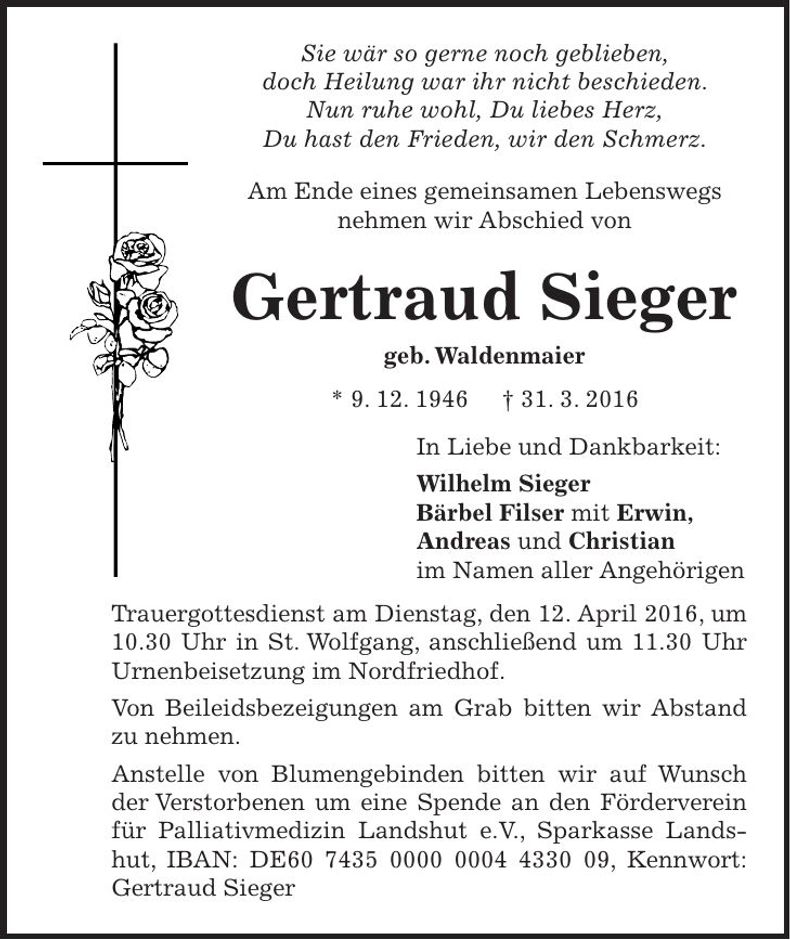 Traueranzeige Gertraud Sieger
