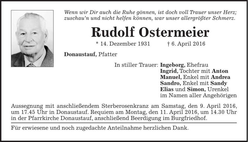 Traueranzeige Rudolf Ostermeier