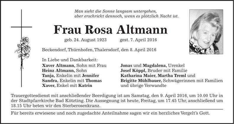Traueranzeige Rosa Altmann
