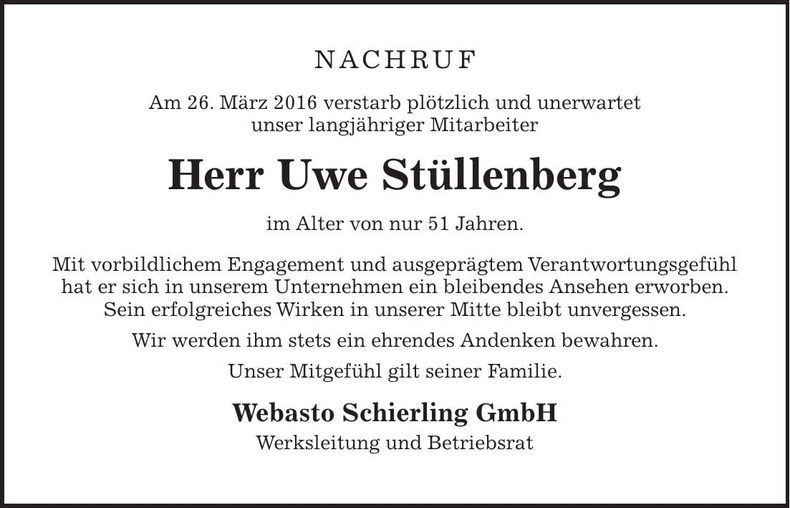 Traueranzeige Uwe Stüllenberg