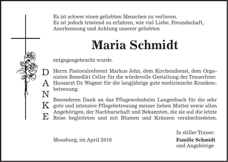 Traueranzeige Maria Schmidt