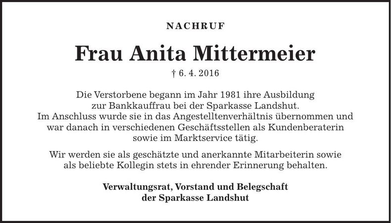 Traueranzeige Anita Mittermeier