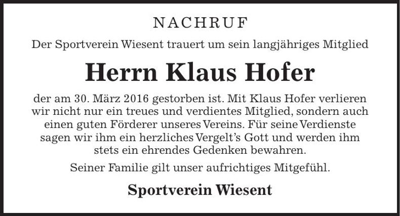 Traueranzeige Klaus Hofer