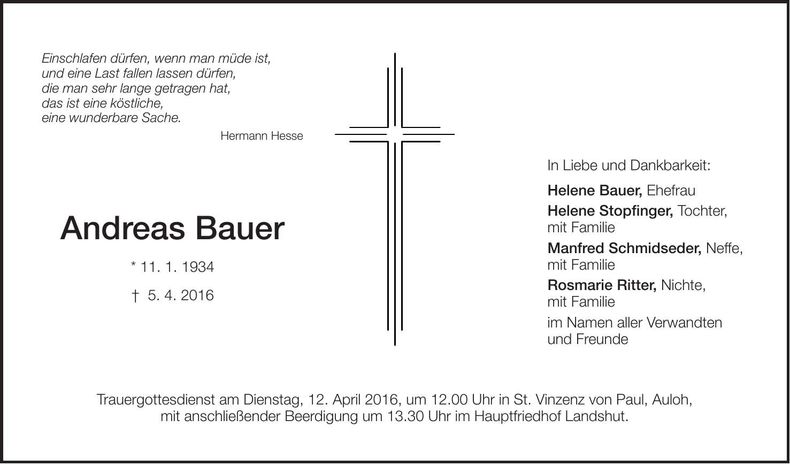 Traueranzeige Andreas Bauer