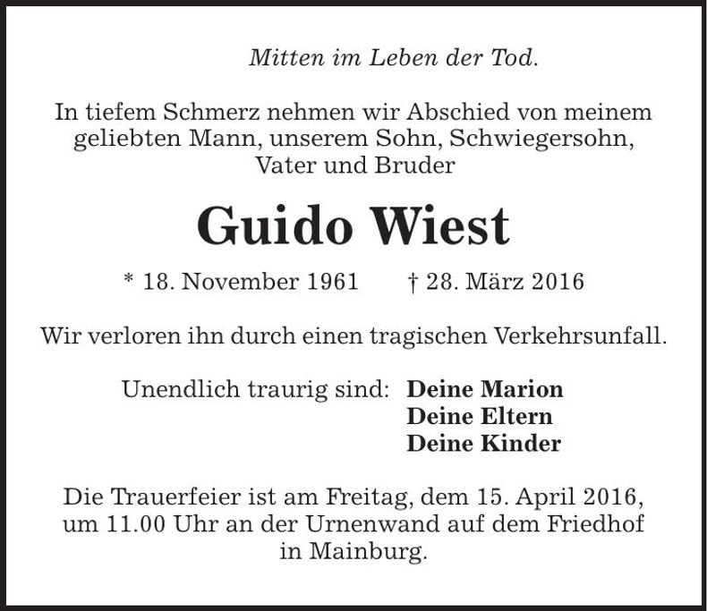 Traueranzeige Guido Wiest