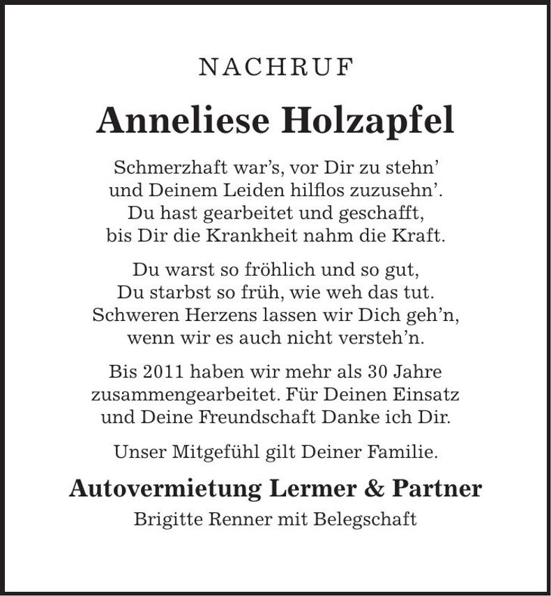 Traueranzeige Anneliese Holzapfel