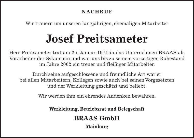 Traueranzeige Josef Preitsameter