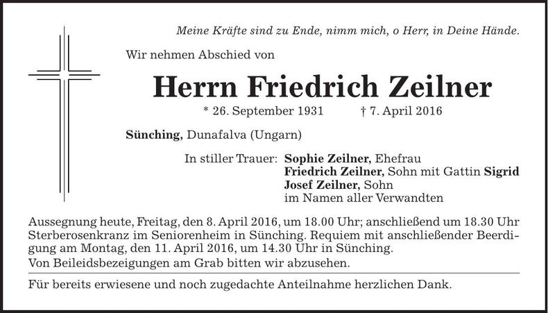 Traueranzeige Friedrich Zeilner