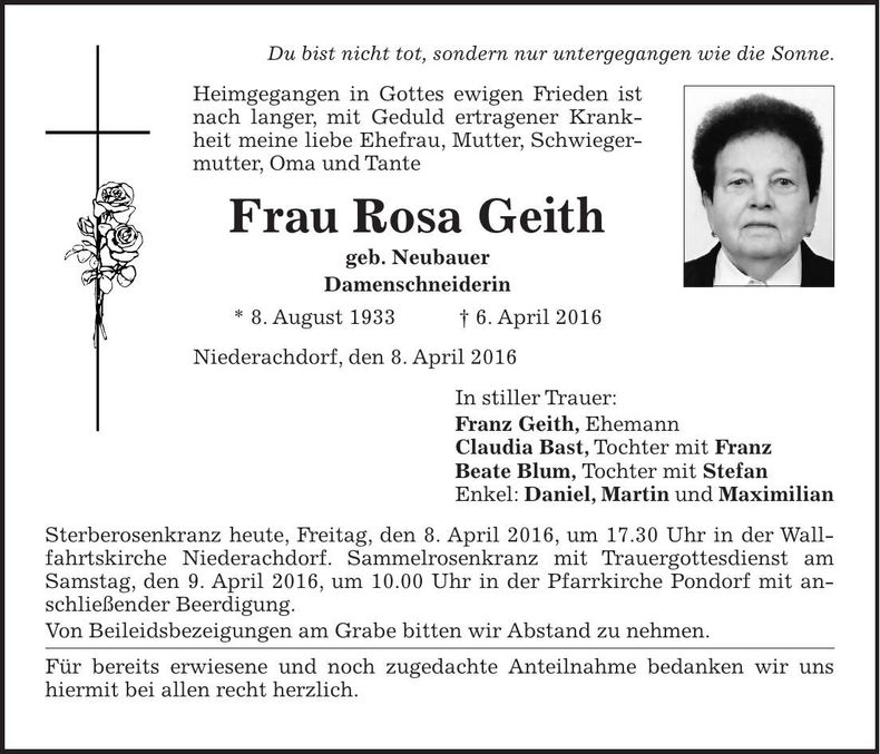 Traueranzeige Rosa Geith