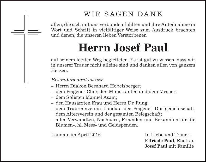 Traueranzeige Josef Paul