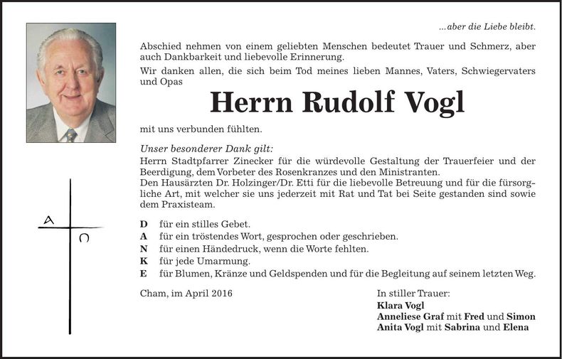 Traueranzeige Rudolf Vogl