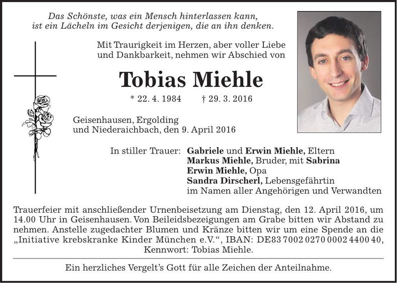 Traueranzeige Tobias Miehle