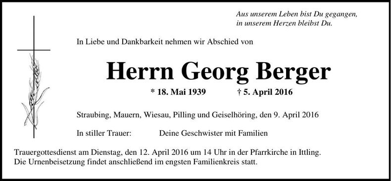 Traueranzeige Georg Berger