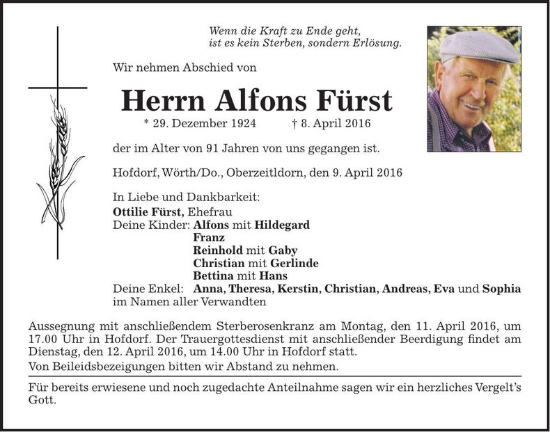 Traueranzeige Alfons Fürst