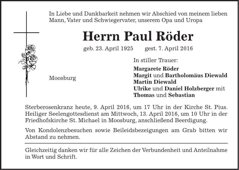 Traueranzeige Paul Röder