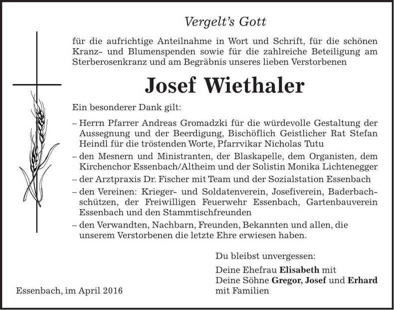 Traueranzeige Josef Wiethaler