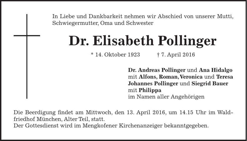 Traueranzeige Dr. Elisabeth Pollinger