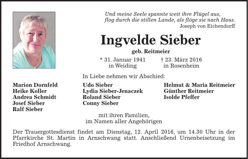 Traueranzeige Ingvelde Sieber