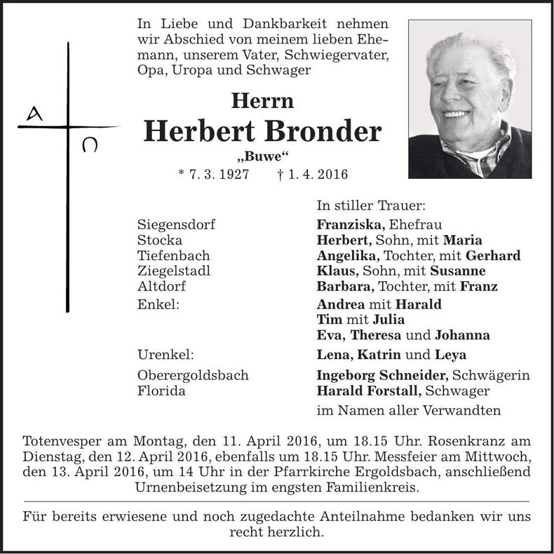 Traueranzeige Herbert Bronder